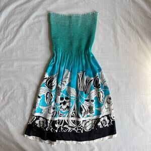 Y2K Silk Strapless Cache Blue Floral Smocked Midi Dress Size Medium